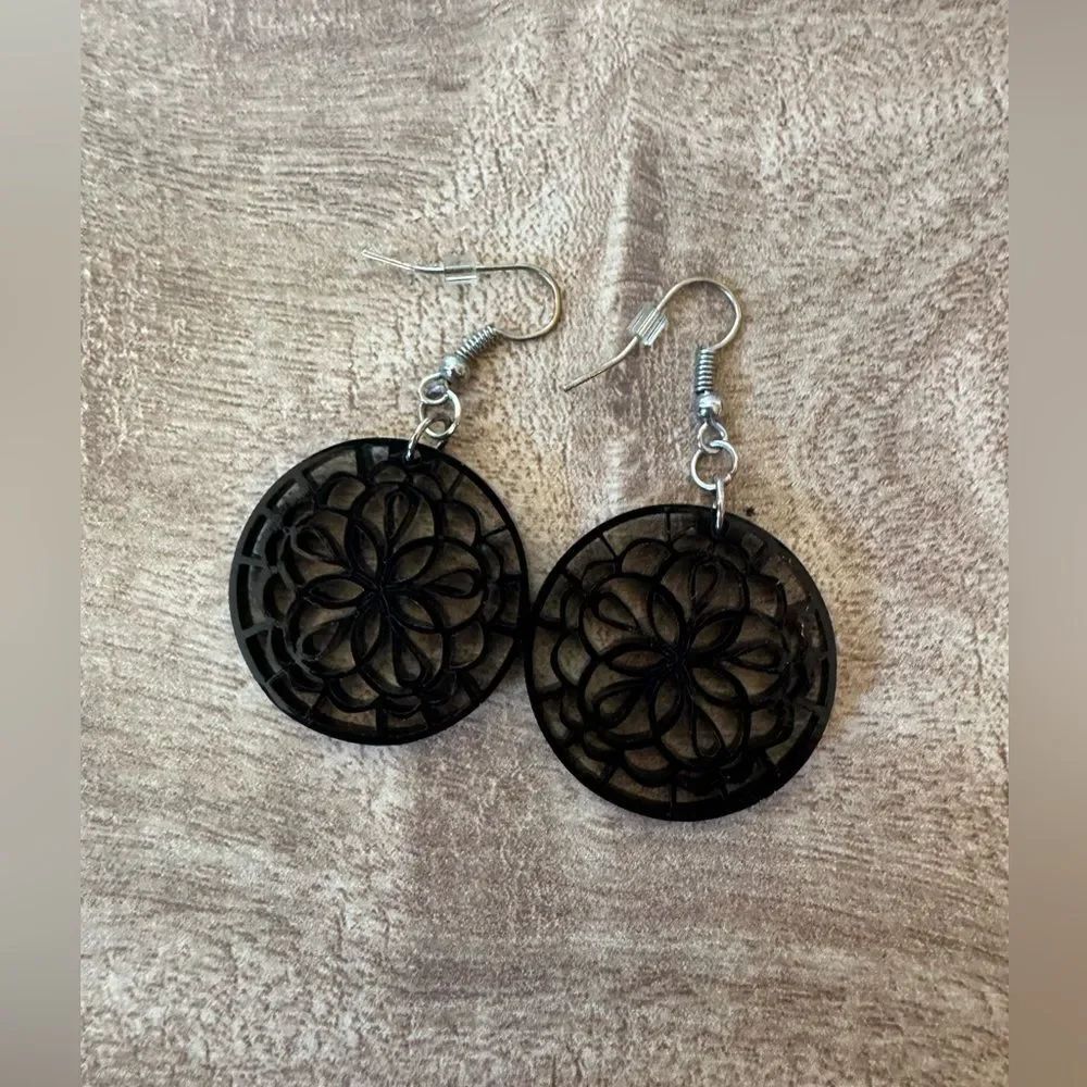 Mandala Earrings Black Plastic Round Floral Mandala  Dangle Drop Boho Hippie